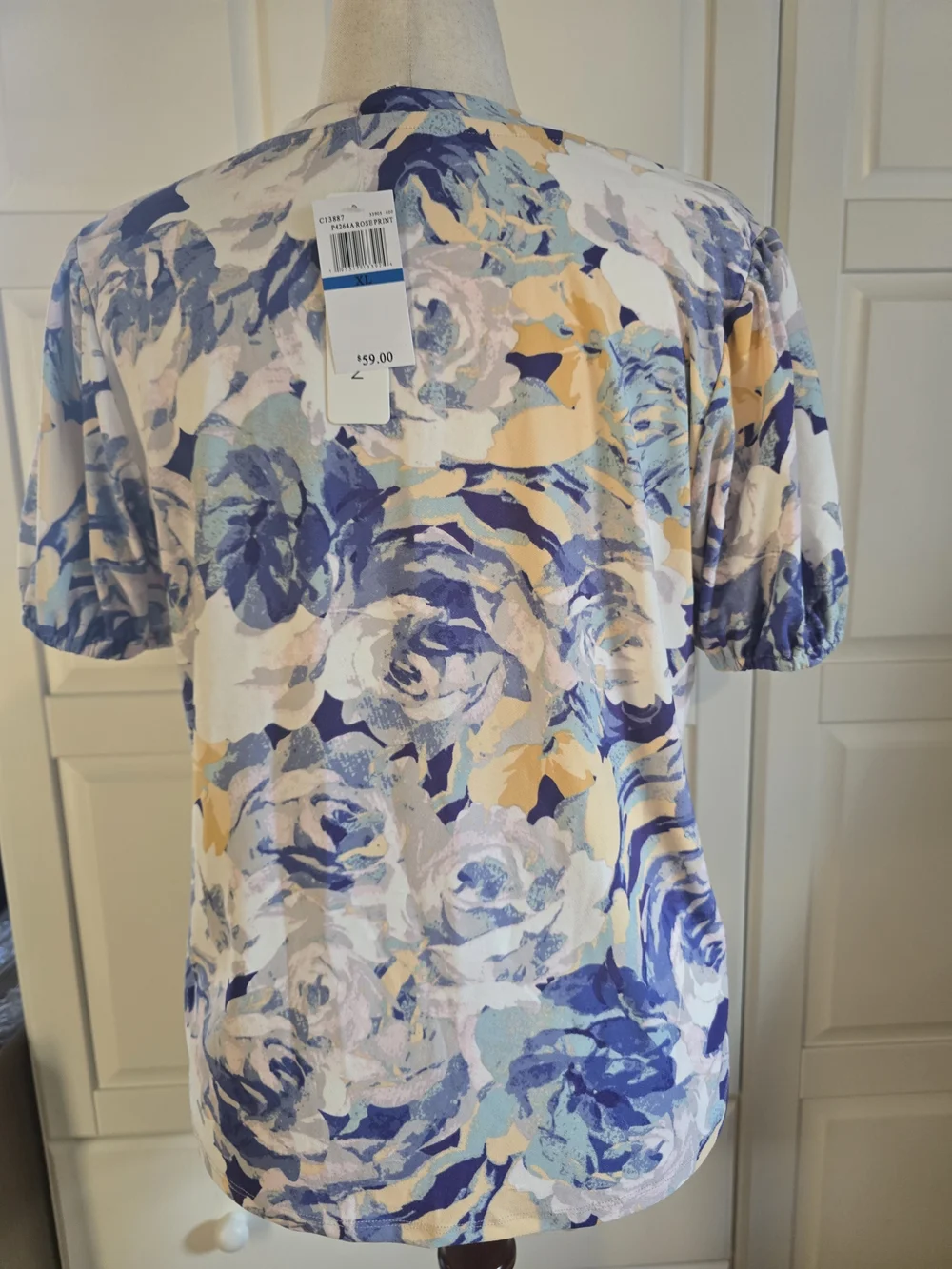 Watercolor Floral V-Neck Blouse in Blue and Cream - Picture 2 of 4